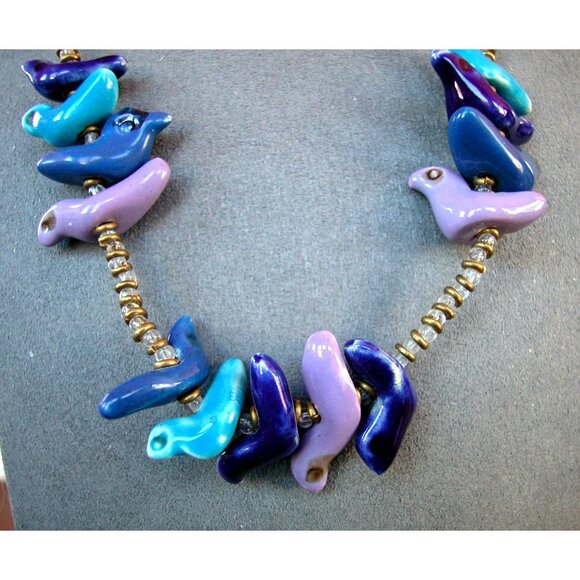 Vintage Ceramic Bird Fetish Necklace With Mixed Bead Accents 28" - Picture 2 of 3